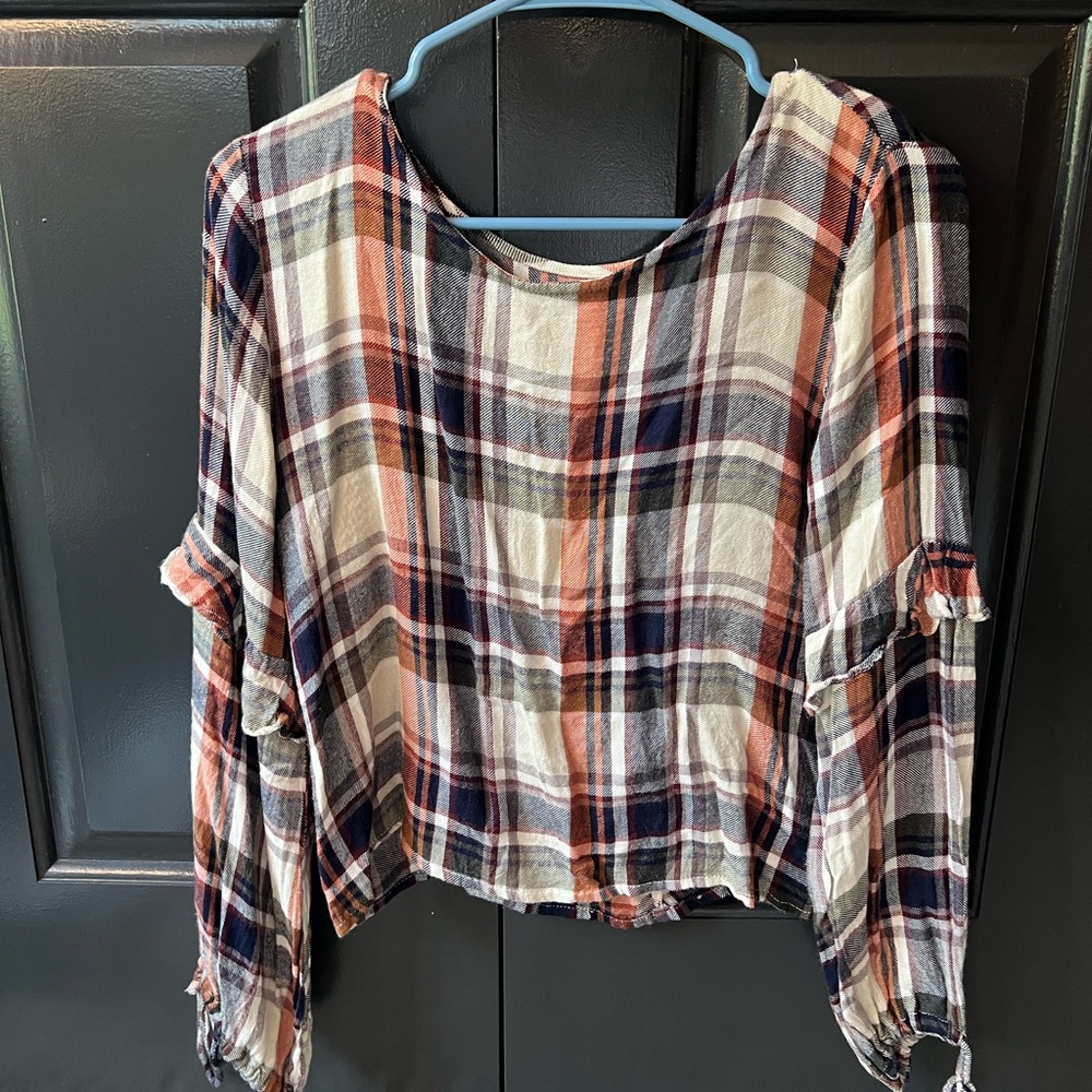 Style Envy Plaid Blouse in Navy, Orange, and Cream